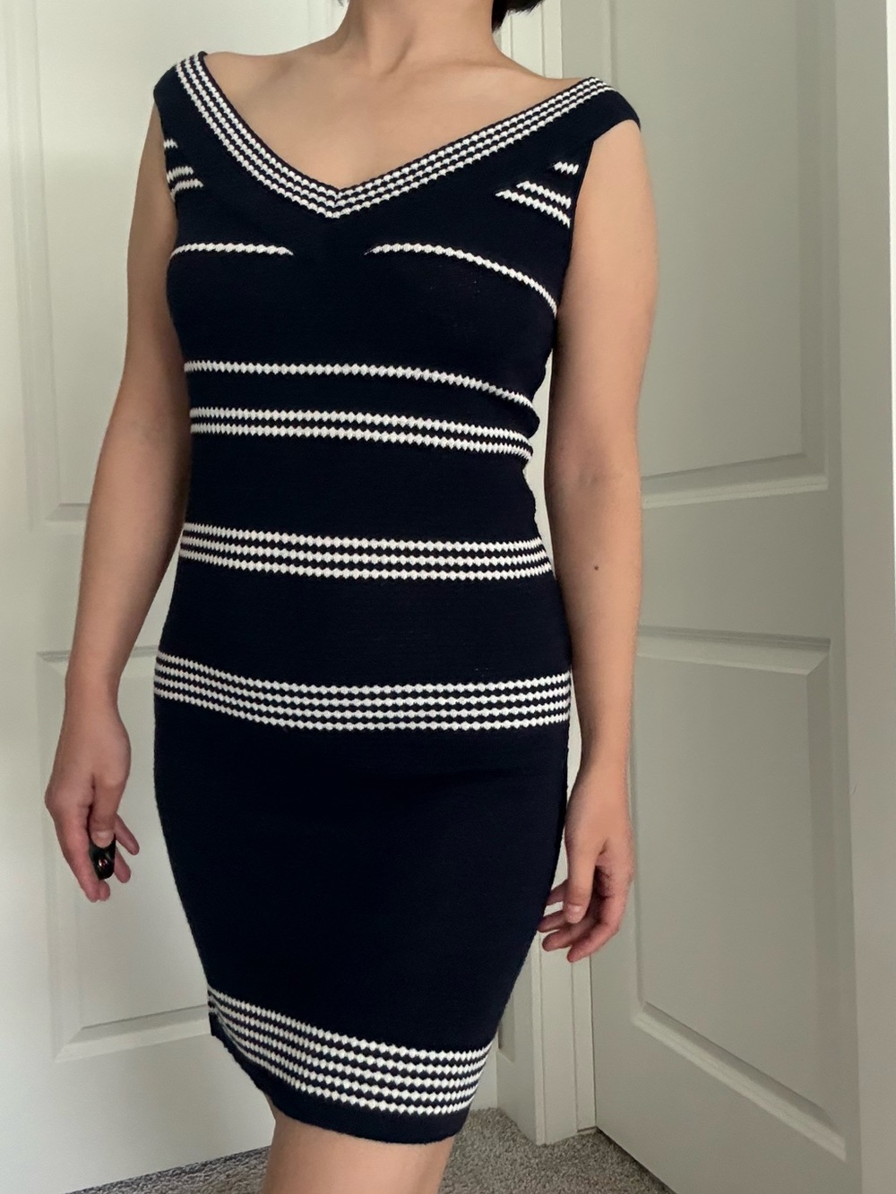Korean designer brand ｜ Navy Blue & White Striped Knit V-Neck Dress|